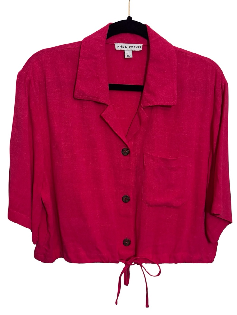 And Now This Size Medium Hot Pink Button Up Top Drawstring Beach Vacation V-Neck